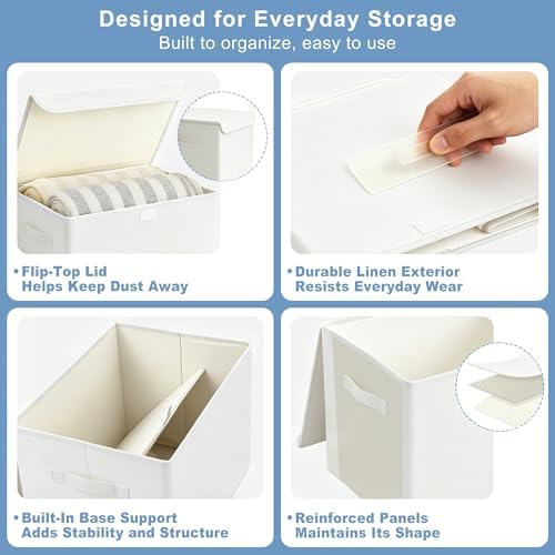 Bagnizer Large 22 Quart Linen Fabric Foldable Storage Bin Cube Organizer Basket with Flip-Top Lid & Handles, Clothes Blanket Box for Home, Office, Closet, White, 4 Pack 14.6 x 9.5 x 9.5” - Image 6