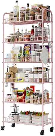 6 Tier Slim Rolling Storage Cart with Wheels, Metal Mobile Shelving Unit Organizer Utility Cart for Office Bathroom Kitchen Laundry Room Narrow Places (Pink 10 Inches) by Qiaoxuan
