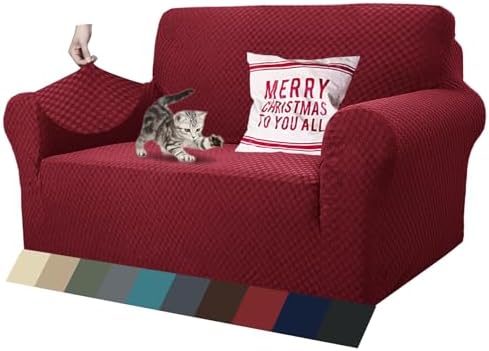 ZNSAYOTX 1 Piece Jacquard Couch Covers for 2 Cushion Couch High Stretch Loveseat Slipcover for Pets Dogs Anti Slip Love Seat Sofa Slipcover Furniture Protector (Loveseat, Wine Red) by ZNSAYOTX