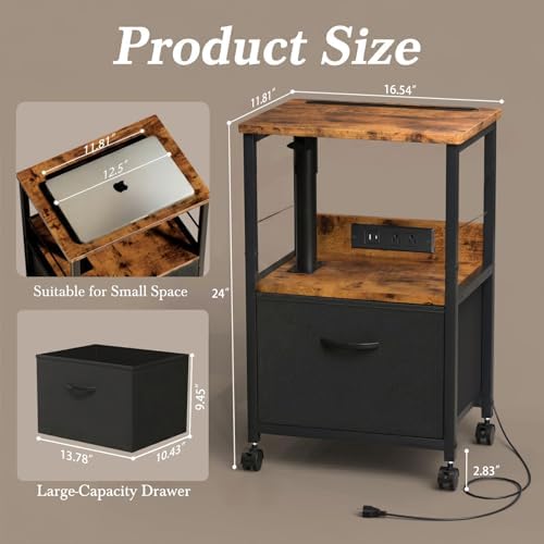 Faesun Swivel Lift Top Nightstand with Charging Station, Rolling Side Table for Recliner, Bedside Table with Wheels & a Fabric Drawer, for Small Spaces, for Bedroom, Living Room, Brown Black - Image 2
