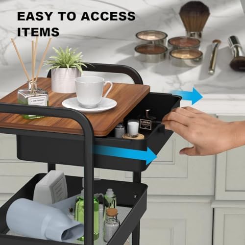 3 Tier Rolling Cart with Drawer, Metal Utility Cart with Table Top - Image 2