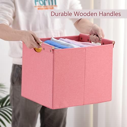 HOONEX Large Foldable Storage Bins, Linen Fabric, Pack of 2, Storage Baskets with Wooden Carry Handles and Sturdy Heavy Cardboard, for Home, Office, Car, Nursery, Pink - Image 3