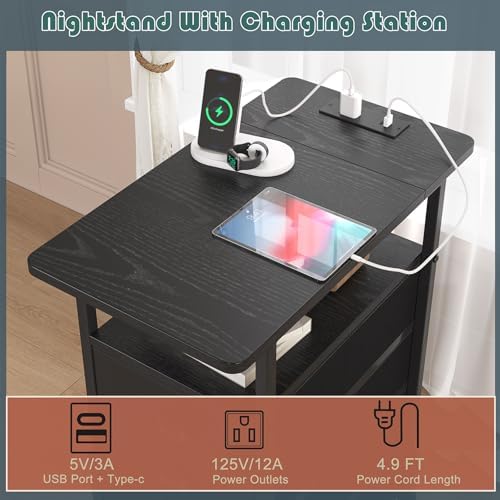 sthmec End Table with Charging Station, Side Tables Livingroom with USB Ports and Outlets,Narrow Nightstands Bedside Tables with 3 Drawers PU Finish for Small Space,Slim Sofa Table Bedroom,Black - Image 4