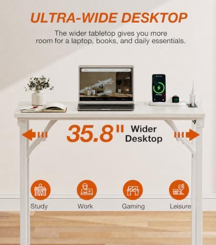 XBurmo Small Folding Desk Folding Table, No Assembly Foldable Desk Gaming Desk, 35.8-Inch Computer Table Workstation with 2 AC Outlets and 2 USB Ports for Bedroom and Home Office, White Ash - Image 7