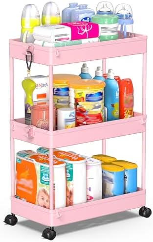 SPACEKEEPER 3 Tier Rolling Cart, Bathroom Cart Organizer with Wheels, Pink by SPACEKEEPER