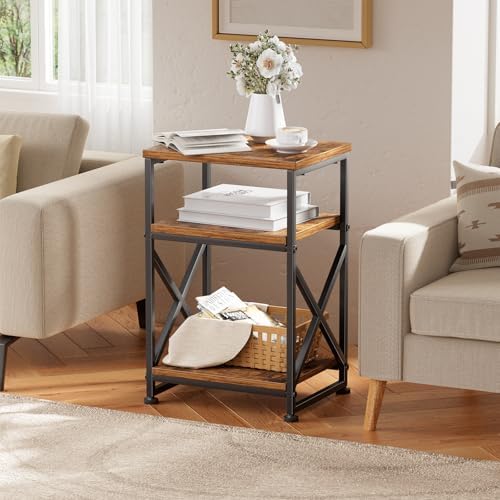Simple Trending Side Table, End Table with 3 Tiers Open Shelves, Bedside Table for Sofa Couch, Nightstand, Living Room, Bedroom, Rustic Brown - Image 2