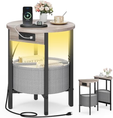 Vagusicc Round Side Table with Charging Station, Round End Table with Fabric Basket, Accent Table Coffee Table, Set of 2 Half Moon Tables, Bedside Table, Modern LED Nightstand for Living Room, Grey by Vagusicc