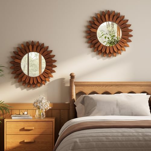 20" Walnut Round Sunburst Wooden Mirror Boho Rustic Wall Decor - Image 4
