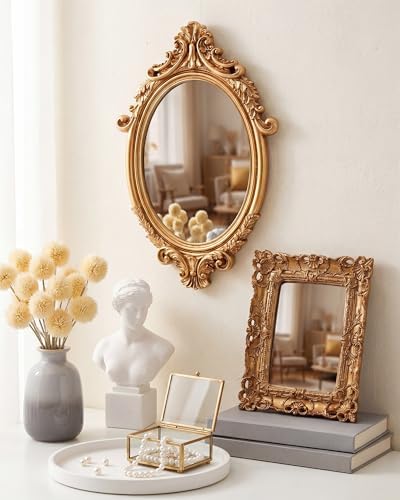 Wonderjune 3 Pcs Vintage Gold Mirror Set Wall Decorative, 8-15in Vintage Wall Mirror Hanging Antique Hanging with Stand for Living Room Home Wedding Decor(Court Baroque Style, 15in/11in/10in) - Image 5
