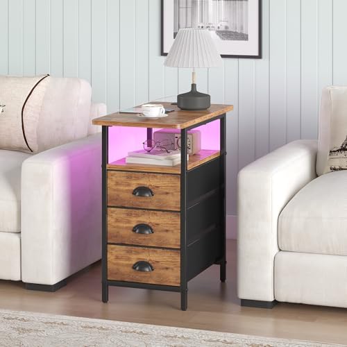 sthmec End Table with Charging Station,LED Side Tables with USB Ports and Outlets,Narrow Nightstands Bedside Tables with 3 Fabric Drawers for Small Space,Slim Sofa Table for Livingroom, Rustic Brown - Image 2