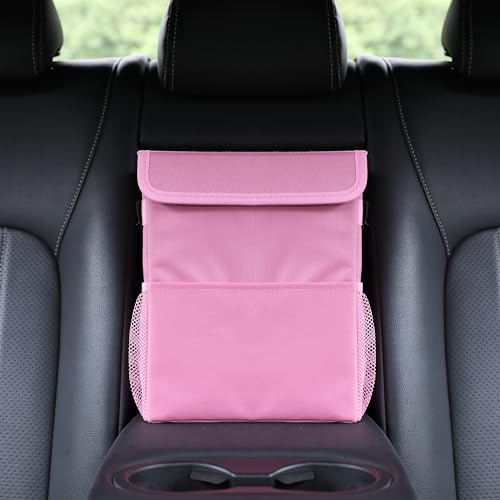 AOKJOY Car Garbage can with lid Leak Proof Vehicle Trash Can 3 Storage Pockets Hanging Waterproof car Trash Bag for SUV Pink - Image 3