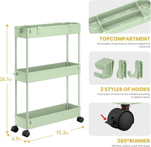 SPACELEAD 2-piece Set Slim Storage Cart 3 Tier,Bathroom Organizer Rolling Utility,Mobile Shelving Unit Slide Out for Office, Kitchen, Laundry Room & Narrow Places - Image 2