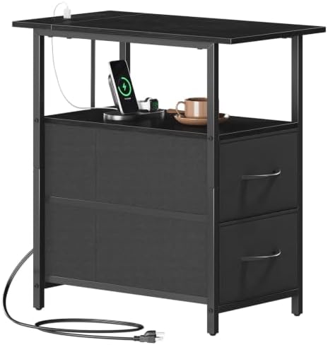 Somdot Narrow End Table with Charging Station, 2 Drawers, Slim Side Table by Somdot
