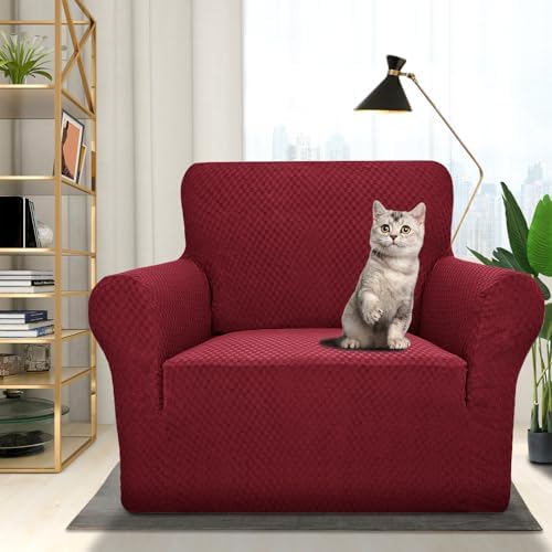 ZNSAYOTX 1 Piece Jacquard Chair Slipcovers for Living Room High Stretch Chair Covers with Arms Anti Slip Pets Friendly Couch Sofa Armchair Cover Furniture Protector (Chair, Wine Red) - Image 2