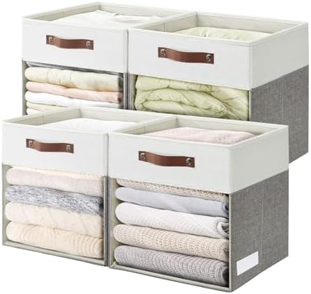 Bagnizer Storage Cubes, 4 Pack Linen Foldable Storage Bins (13 x 13 inch) with Clear Window and 2 Handles, Closet Organizers and Storage for Shelf Closet, Clothes, Books - (Gray and White) by Bagnizer