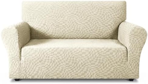 ZNSAYOTX 1 Piece Stretch Loveseat Covers for 2 Cushion Couch (55"-71"), New Plaid Couch Cover with Non-Slip Buckle for Dog Pets, Soft Cozy Washable Sofa Slipcover Form Fit Protector, Beige by ZNSAYOTX