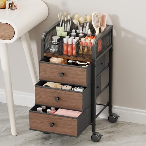 SWTYMIKI Rolling Makeup Organizer Cart - Under Desk Vanity Makeup Storage with 3 Non-woven Drawers, Nail Cart Organizer Cosmetic Display Cases Cabinet for Skin Care Perfume Nail Polish Brush Hair Tool - Image 4