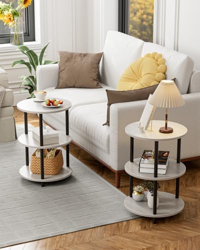 XBurmo Small Round End Table - 3 Tier Design Accent Table, Narrow Side or Bedside Stand, Industrial Vintage Nightstand for Bedroom, Living Room, or Small Spaces, Set of 2, Greige - Image 5