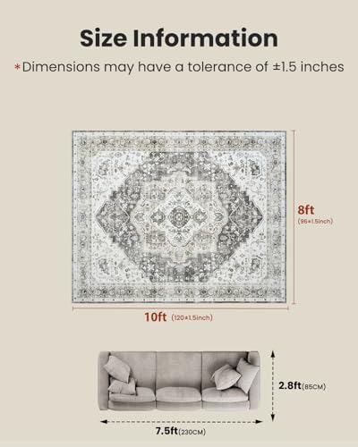 AMADA HOMEFURNISHING Grey 8x10 Area Rug, Washable Low-Profile Large Area Rug with Non-Slip Backing & Durable Edge Binding, Vintage Large Rugs for Living Room, Bedroom - Image 2