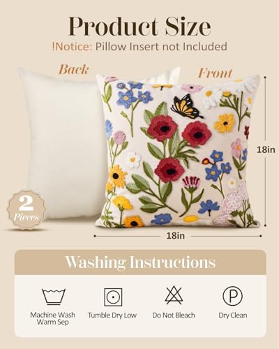 Embroidered Throw Pillow Covers 18x18 Inch, 2Pack, Retro Flower - Image 4