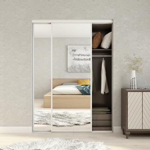 JUBEST Mirrored Closet Door 60 x 80, One Side Mirror Door with Top & Bottom Track Kits, Full Length White Steel Frame Sliding Mirror Closet Door, Easy to Install by JUBEST