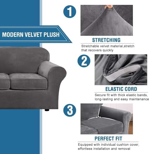 H.VERSAILTEX High Stretch Sofa Slipcover 4 Piece Cover Velvet Furniture Protector Form Fit Thick Velvet Extra Large Sofa Cover for 3 Cushion Couch Width Up to 97 Inch (Large Sofa, Grey) - Image 3