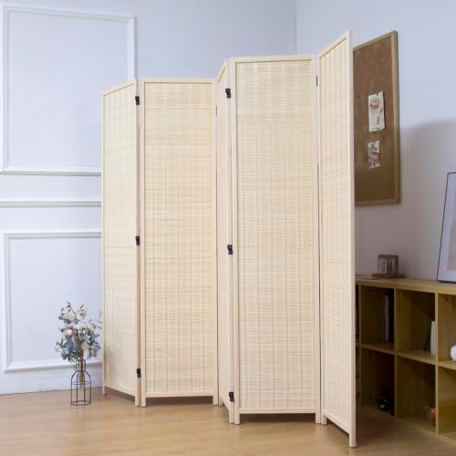 5 Panel Bamboo Room Divider, 5.6 ft Tall Folding Privacy Screen, Freestanding Room Partition Wall in Natural Beige for Home & Office and Room Separation (67" H x 76.8" W) - Image 2