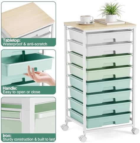 Storage Cart with 8 Drawers, Utility Cart with White Drawers and Wooden Tabletop, Craft Cart, Teacher Organization for Classroom, Storage Furniture, Office Organization, Green - Image 4