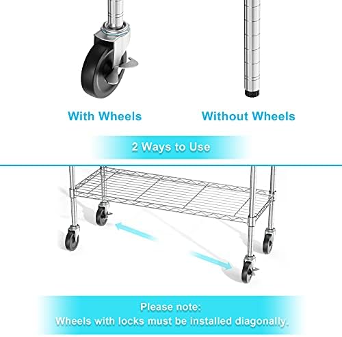 Auslar 5-Shelf Storage Shelves with Casters Heavy Duty 5 Tiers Rolling Cart Utility Racks Adjustable Wire Metal Shelving, 14" x 36" x 76.5", Chrome - Image 3