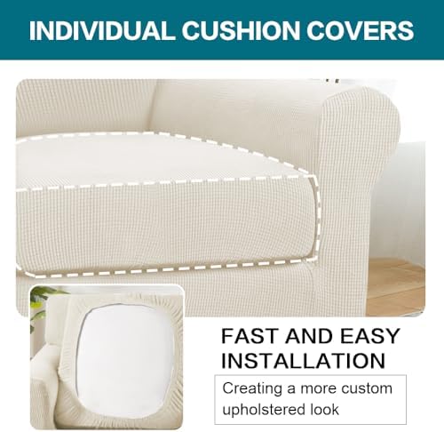 Turquoize 2 Piece Chair Covers Armchair Slipcovers for Living Room Armchair Sofa Cover with Individual Cushion Covers Feature Jacquard Fabric (Chair, Cream) - Image 5