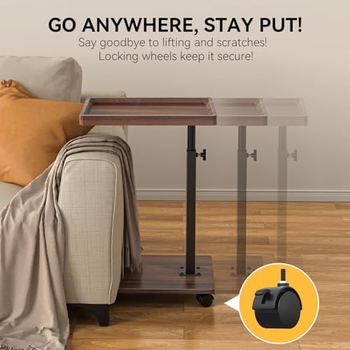 C Table End Table Adjustable Height, 360°Swivel TV Tray Table for Small Spaces, Couch Tables That slide under, C Shaped Side Tables living room and bedroom for Sofa, Bed,Chair, Snack (1, Walnut Brown) - Image 5