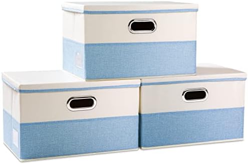 PRANDOM Large Foldable Storage Boxes with Lids [3-Pack] Fabric Collapsible Storage Bins Organizer Containers Baskets Cube with Cover for Home Bedroom Closet Office Nursery Blue&Cream(17.7x11.8x11.8) by Prandom