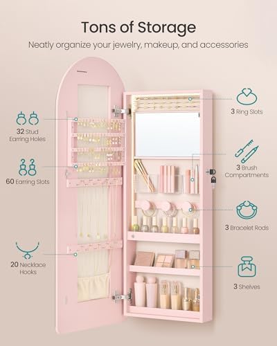 SONGMICS Wide Jewelry Organizer, Wall/Door Mounted, LED Cabinet, Lockable - Image 4