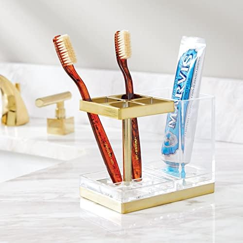 mDesign Plastic Toothbrush and Toothpaste Storage Organizer Holder - Home Decor for Bathroom Countertop - Holds Toiletries and Beauty Accessories - Lumiere Collection - Clear/Soft Brass - Image 3