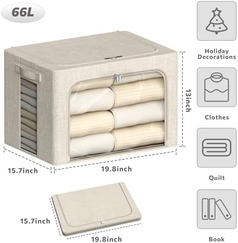 4 Pack Clothes Storage Bins with Metal Frame - 66L Stackable Storage Box with Lid，Foldable Storage Container Organizer for Clothes，Linen Fabric Storage Box with Clear Window＆Zippers＆Handles - Image 4