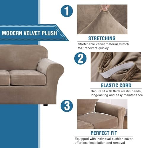 H.VERSAILTEX Real Velvet Plush 3 Piece Stretch Sofa Covers Couch Covers for 2 Cushion Couch Loveseat Covers Width Up to 72 Inch Feature Thick Soft Stay in Place (Medium Sofa, Camel) - Image 3