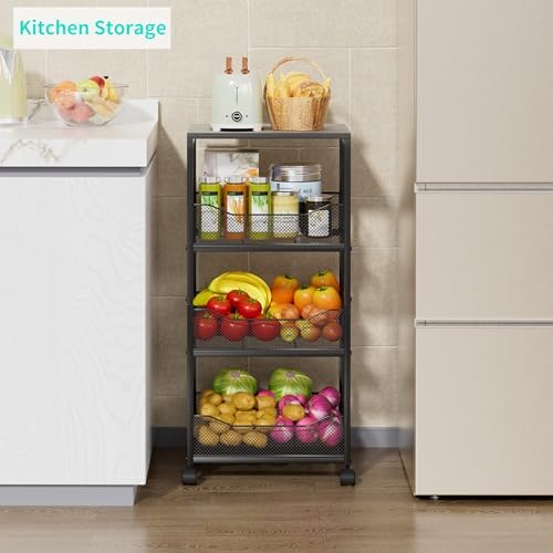 HapiRm Fruit Basket Kitchen Cart - 4-Tier Rolling Storage Cart with Wheels, Fruit Vegetable Basket with Wood Top, Pantry Utility Kitchen Organizer for Fruit Potato Onion Vegetable Bread Snack - Image 2