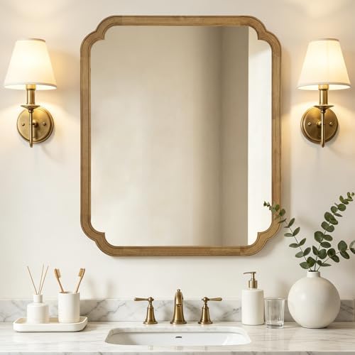 WallBeyond 30" x 36" Wood Bathroom Mirror for Wall Mounted, Rustic Rounded Corner Wood Frame Wall Mirror for Entryway, Living Room or Bedroom Home Decorative, Natural by WallBeyond