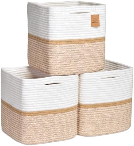 NaturalCozy Storage Cubes 11 Inch Cotton Rope Woven Baskets for Organizing, 3-Pack | Cube Storage Bin | Square Storage Baskets for Shelves Organizer, Classroom, Kids Toy Bins, Closet, Baby Nursery by NaturalCozy
