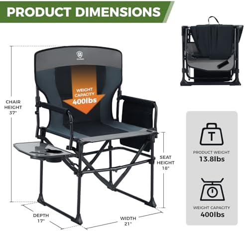 EVER ADVANCED Camping Directors' Chair with Side Table, Portable Folding with Compact Size, Heavy Duty Lawn Chair with Pocket for Camping, Sports and Fishing, 400lbs, Black Grey - Image 3