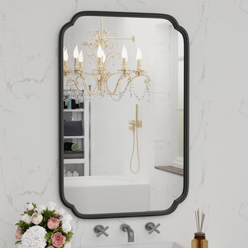 Ferytange Black Bathroom Vanity Mirrors for Over Sink 24" x 36" Modern Rounded Corner Rectangle Mirror with Non-Rusting Iron Metal Framed Wall Mounted Decorative Mirror (Horizontal/Vertical) by FerytangeHome