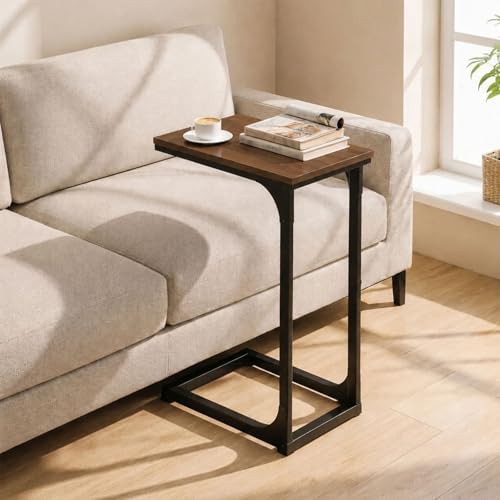 TEMI C Shaped End Table for Couch - Small Side Table and TV Tray for Eating or Laptop, Accent Desk for Chair or Sofa, Easy Assembly, Space-Saving Design for Living Room or Bedroom,Rustic Walnut by TEMI