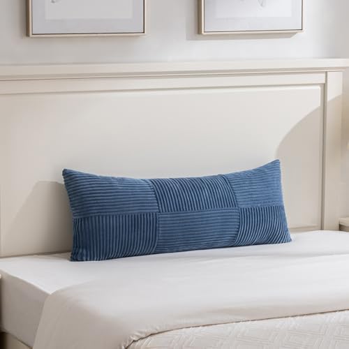 Fancy Homi Set of 2 Dusty Blue Boho Long Lumbar Body Decorative Throw Pillow Cover 14x36 Inch for Bed Couch Bedroom Bench, Soft Patchwork Corduroy Textured Pillow Case, Rustic Farmhouse Room Décor - Image 6