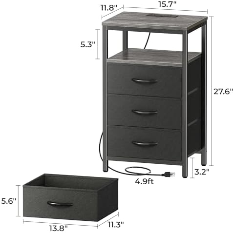 Huuger Nightstand with Charging Station, 27.6 Inch Bedside Table,Side Table - Image 3
