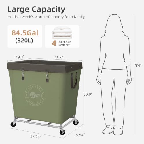 STORAGE MANIAC Commercial Laundry Hamper with Heavy Duty Steel Frame, 320 L Industrial Laundry Basket Cart with Wheels for Hotel, Home, Laundry Room, 31.7''L x 19.3''W x 30.91''H, Large Green - Image 3