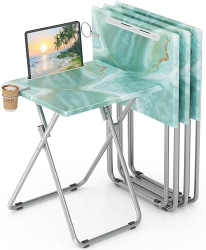 TV Trays Table Set of 4 Portable Folding TV Tray Table TV Dinner Tray with Sturdy MDF, Small Folding Tables with Phone & Tablet Slot, No Assembly Required, 15 x 18.9 x 25.6 in (Sea Blue Marble, 4Pcs) by Fleecy+day