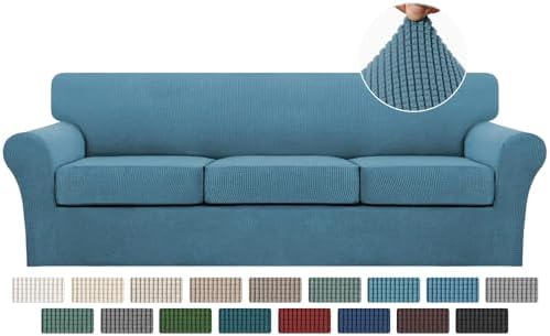 Turquoize 4 Piece Sofa Covers for 3 Cushion Couch Sofa Slipcover Soft Couch Cover for Dogs-Washable Sofa Furniture Covers with 3 Individual Large Cushion Covers, Feature Fabric (XL Sofa, Storm Blue) by Turquoize