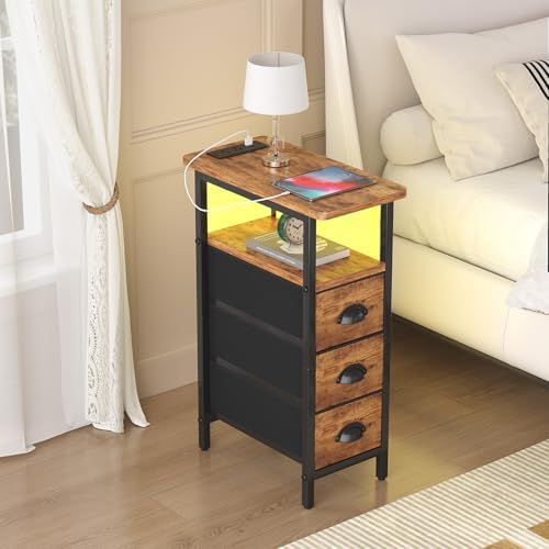 shtmec Narrow End Table Set of 2 with Charging Station, LED Side Tables Set 2 with Fabric Drawers, Small Bedside Tables Nightstands for Small Space, Slim Sofa Couch Table for Livingroom,Rustic Brown - Image 7