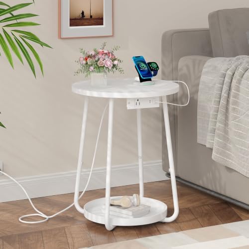 sthmec Small Round Side End Table with Storage and Charging Station, 2 Tier Round Bedside Sofa Couch Coffee Tables with Tray, Metal Nightstand for Small Spaces, Living Room Bedroom, White - Image 7
