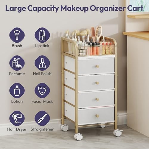 SWTYMIKI Rolling Makeup Organizer Cart - Under Desk Vanity Makeup Storage with 4 Non-woven Drawers, Nail Cart Organizer Cosmetic Display Cases Cabinet for Skin Care Perfume Nail Polish Brush Hair Tool - Image 7